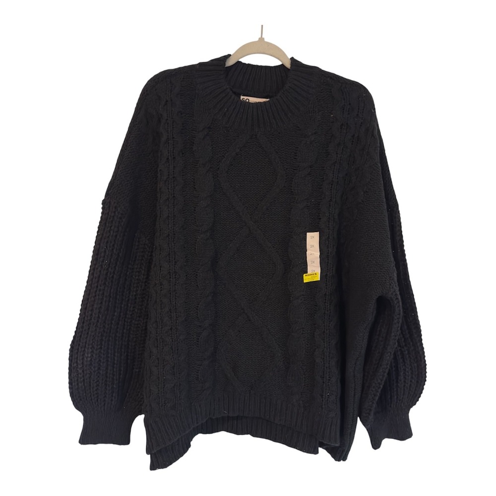 SO Goods For Life Womens 2X Black Cable Knit Oversized Crewneck Sweater New